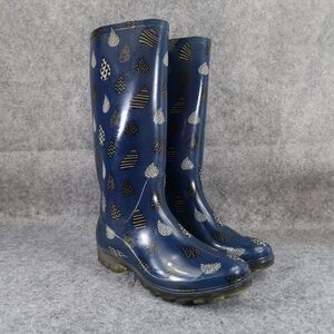 Toms Shoes Womens 7 Rain Boots Rubber Print Pull On Cabrilla Round Toe Blue Tall